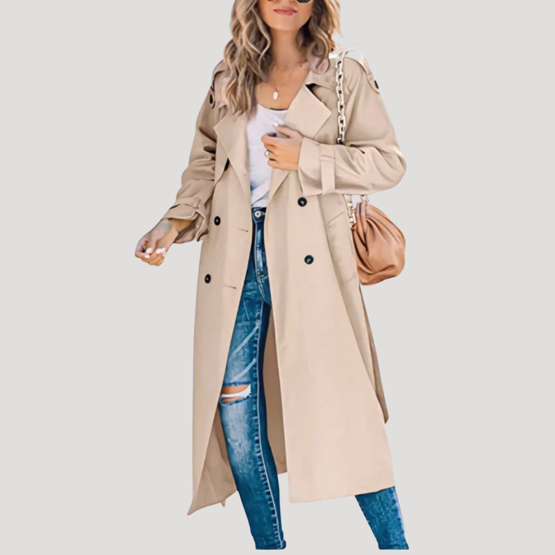Women’s Long Double-Breasted Button Down Trench Coat Belted
