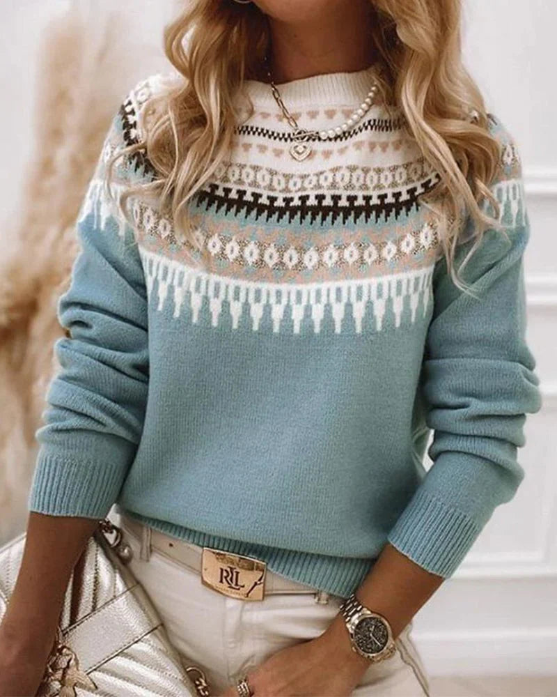 Patterned Knit Sweater with Crew Neck
