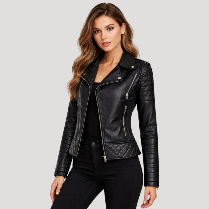 Women’s Black Leather Jacket Biker Cropped Style