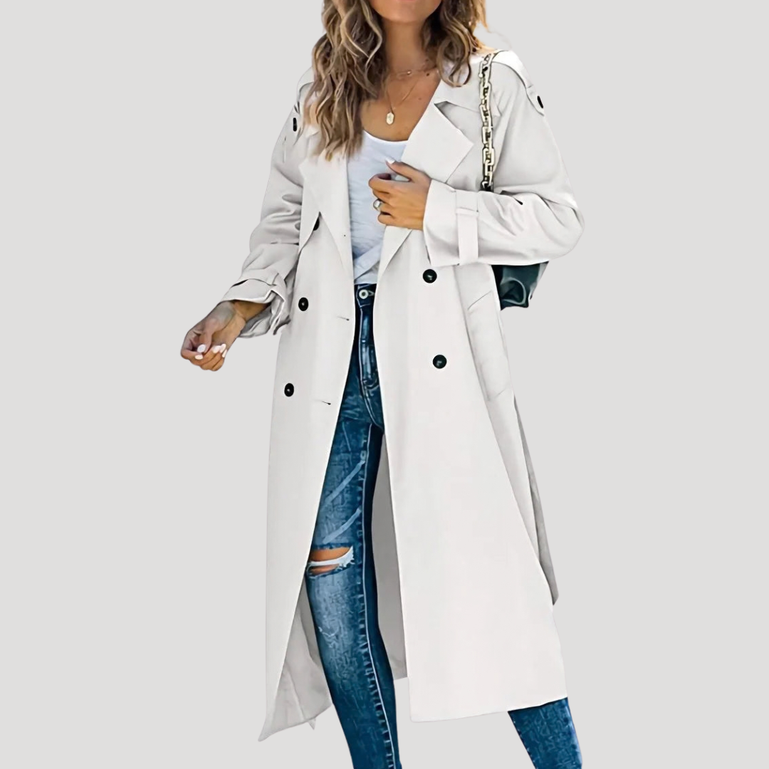 Women’s Long Double-Breasted Button Down Trench Coat Belted