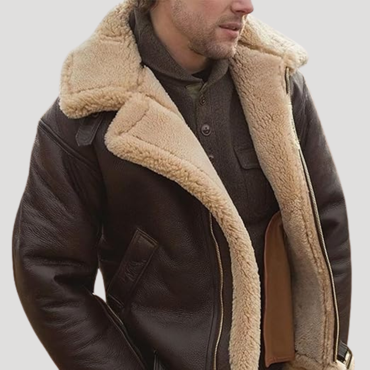 Men’s Shearling Leather Jacket Faux Fur Lined Aviator Zip Up