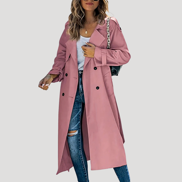 Women’s Long Double-Breasted Button Down Trench Coat Belted
