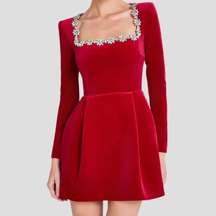 Women's Party Dress Velvet Square Neck Long Sleeve Flare Mini Dress