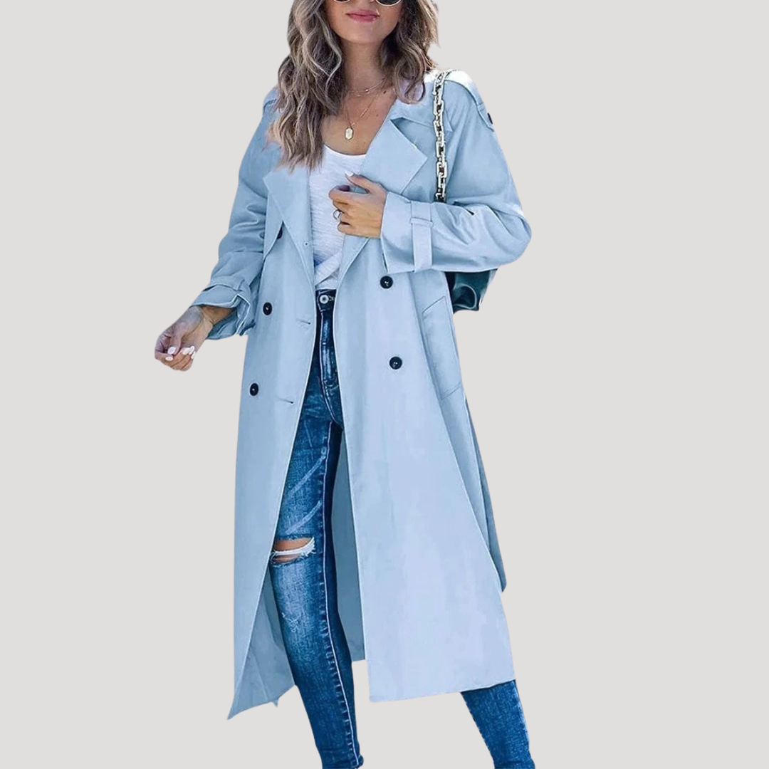 Women’s Long Double-Breasted Button Down Trench Coat Belted