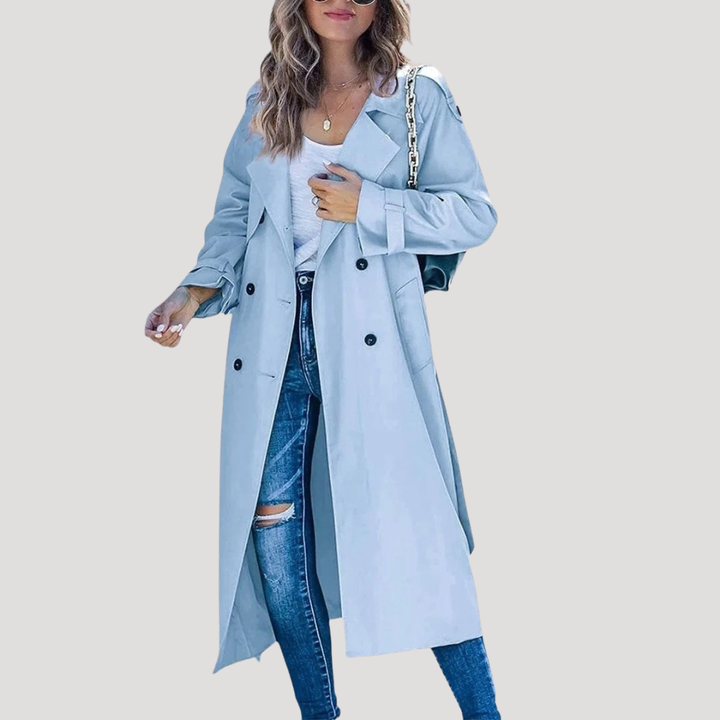 Women’s Long Double-Breasted Button Down Trench Coat Belted