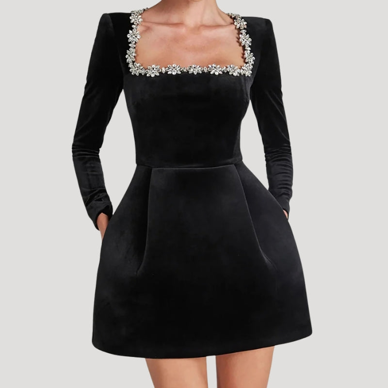Women's Party Dress Velvet Square Neck Long Sleeve Flare Mini Dress