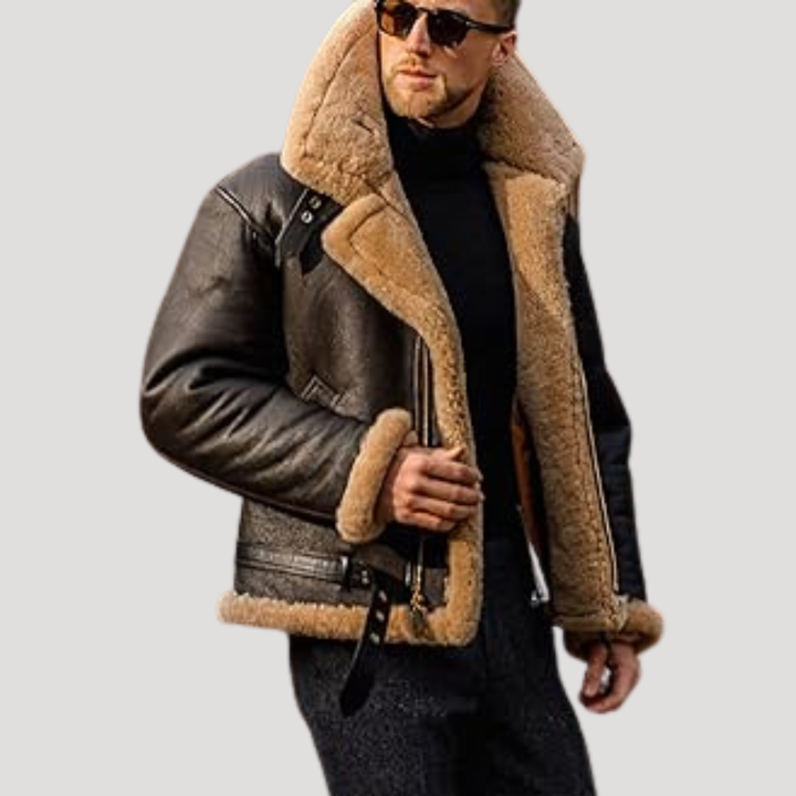 Men’s Shearling Leather Jacket Faux Fur Lined Aviator Zip Up