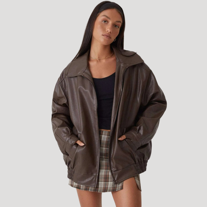 Women’s Leather Bomber Jacket Oversized Zip Front Collar