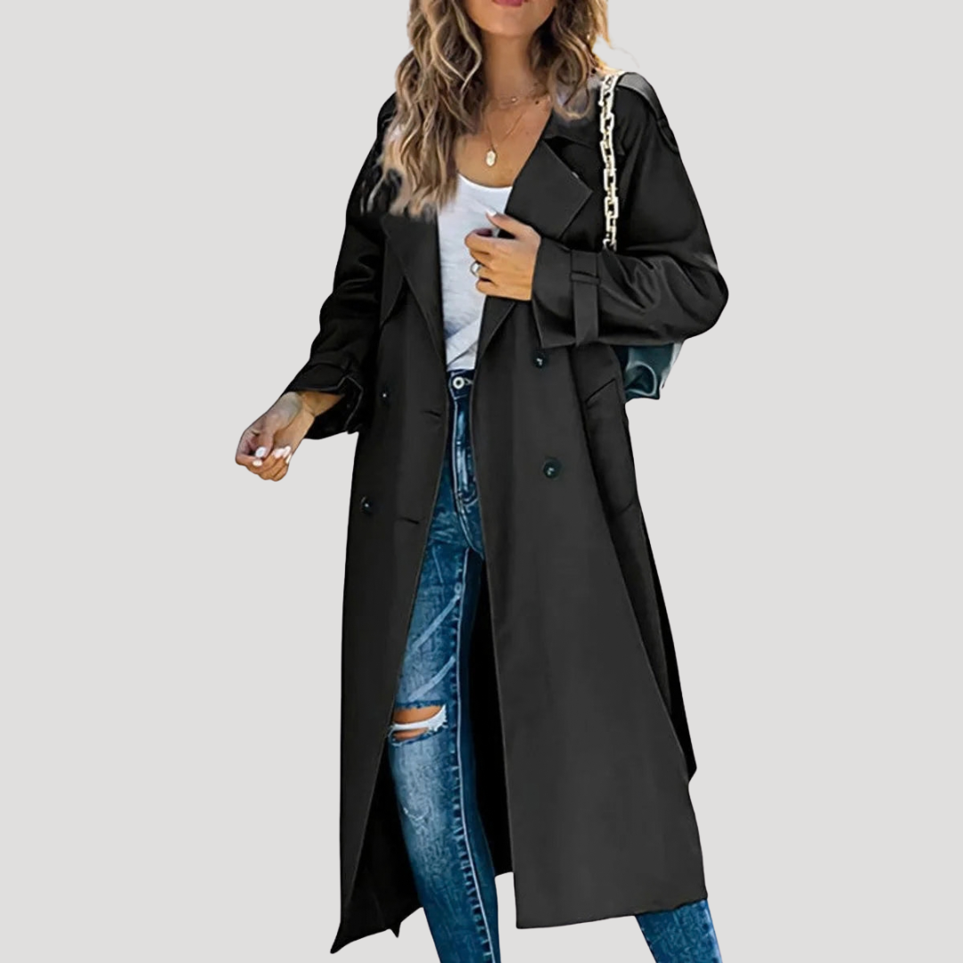 Women’s Long Double-Breasted Button Down Trench Coat Belted