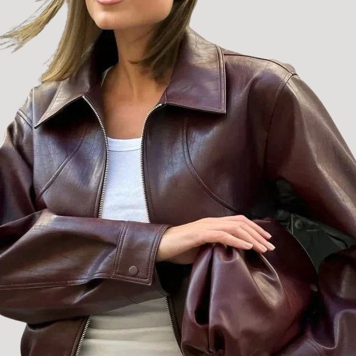Women’s Brown Leather Jacket Cropped Style