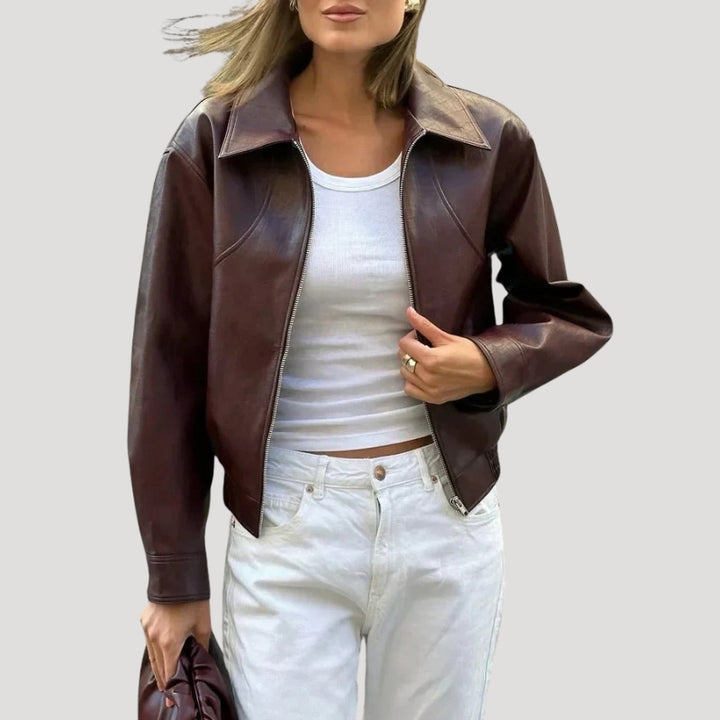 Women’s Brown Leather Jacket Cropped Style