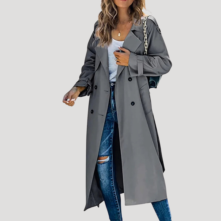 Women’s Long Double-Breasted Button Down Trench Coat Belted