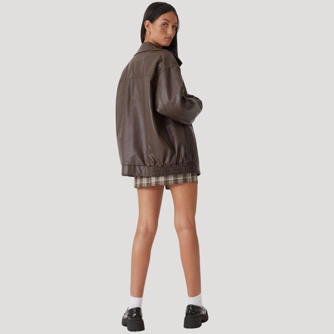 Women’s Leather Bomber Jacket Oversized Zip Front Collar