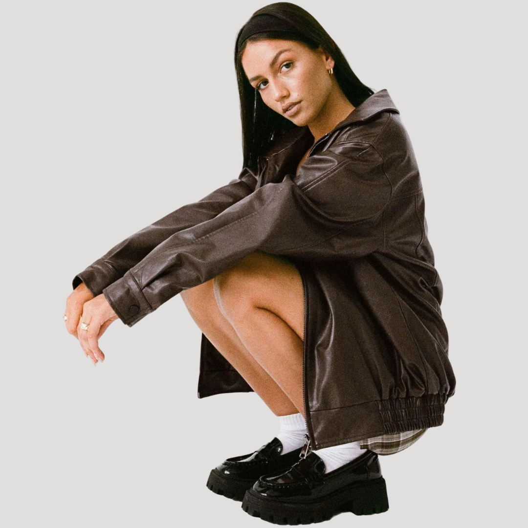 Women’s Leather Bomber Jacket Oversized Zip Front Collar