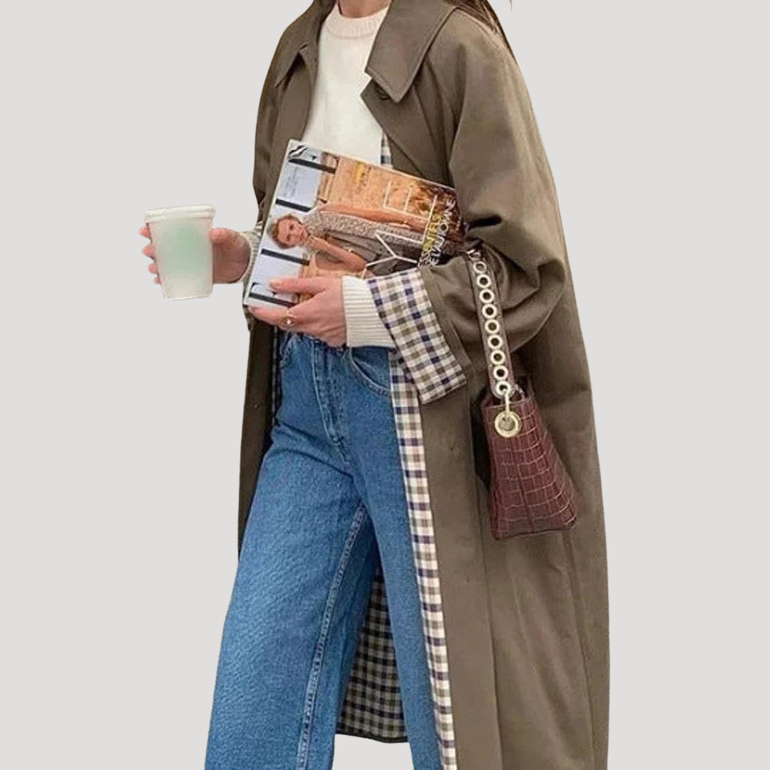 Women’s Trench Coat Long Double Breasted Button Down Plaid Lining