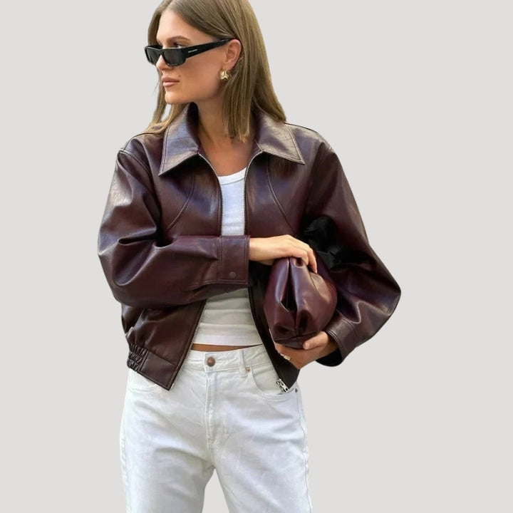 Women’s Brown Leather Jacket Cropped Style