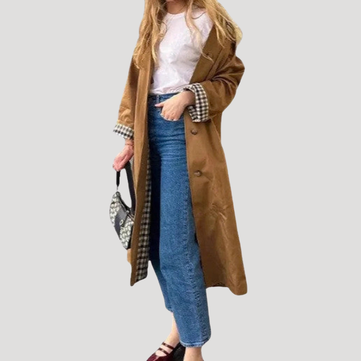 Women’s Trench Coat Long Double Breasted Button Down Plaid Lining