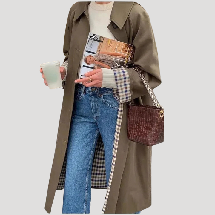 Women’s Trench Coat Long Double Breasted Button Down Plaid Lining