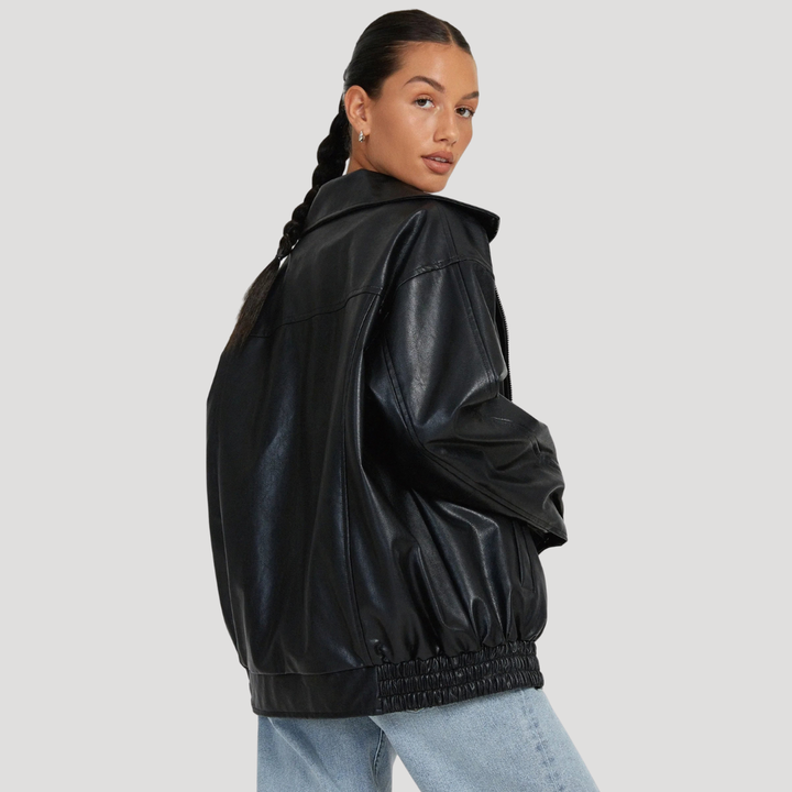 Women’s Leather Bomber Jacket Oversized Zip Front Collar