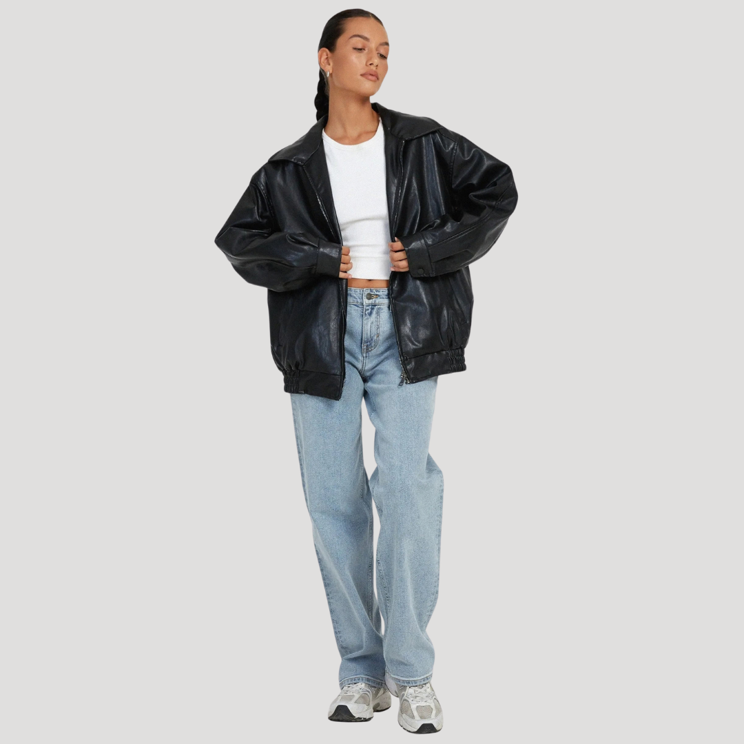Women’s Leather Bomber Jacket Oversized Zip Front Collar