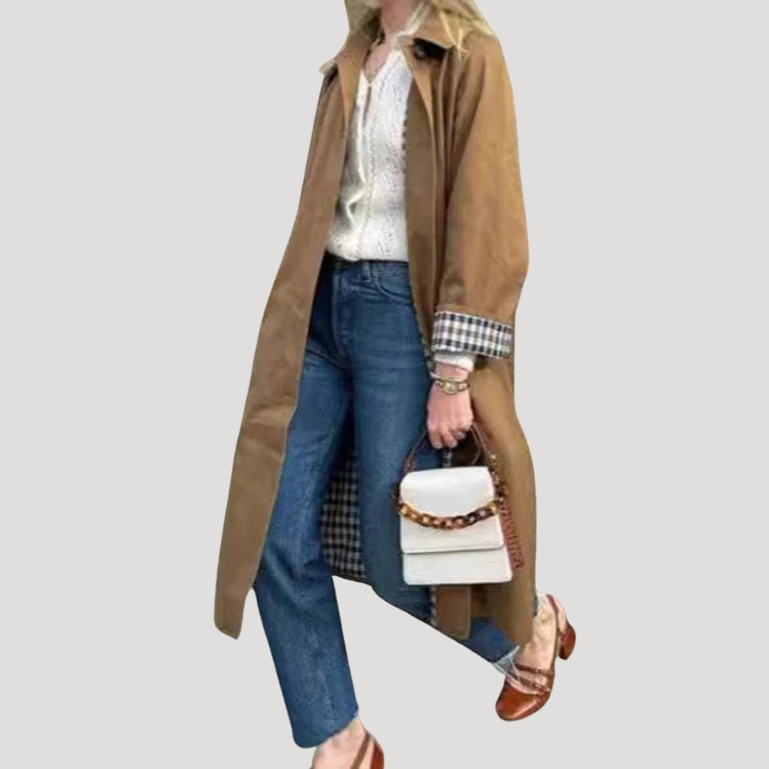 Women’s Trench Coat Long Double Breasted Button Down Plaid Lining