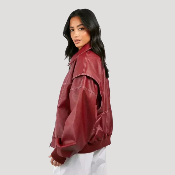 Women’s Red Leather Jacket Bomber Cropped Oversized Style