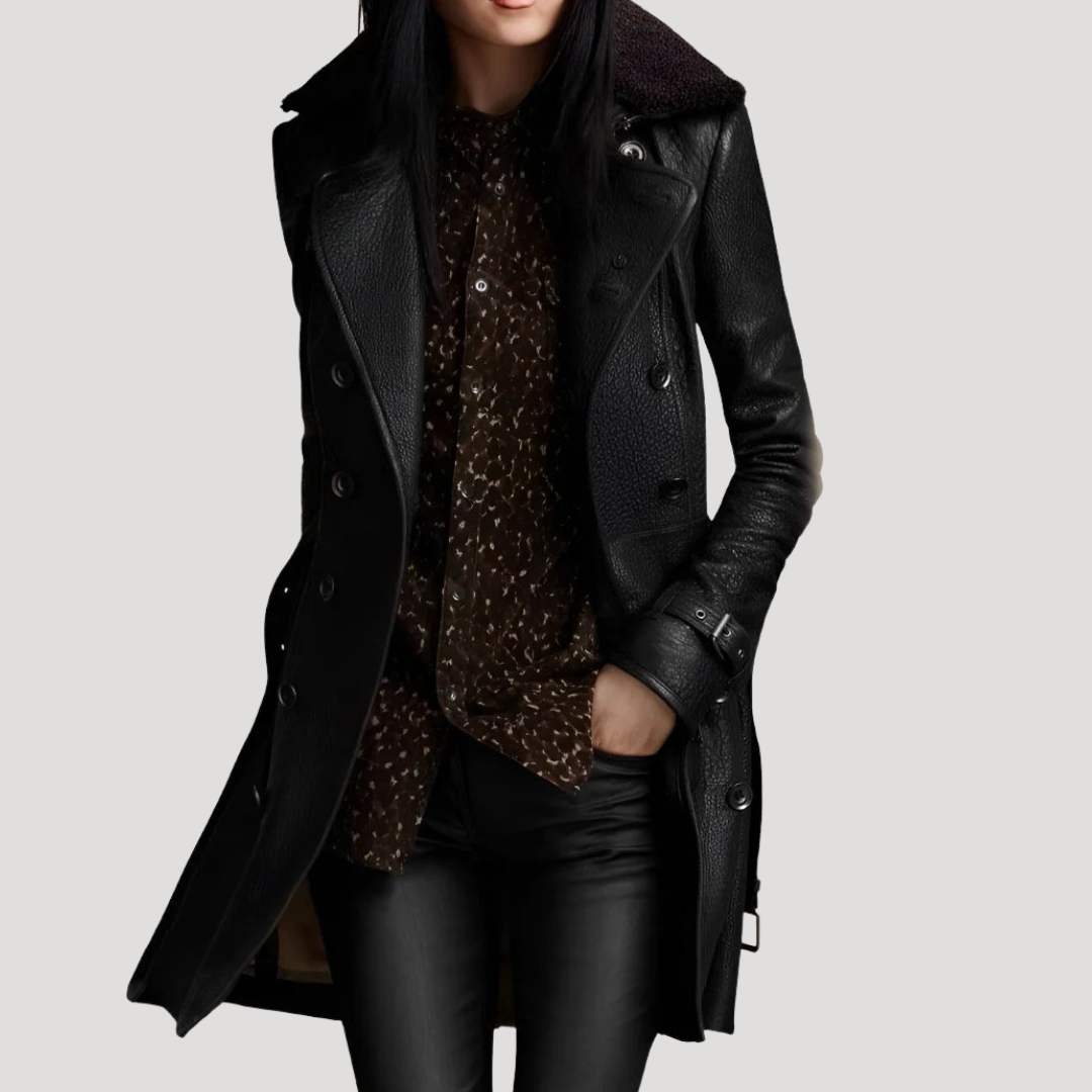 Women’s Black Leather Long Trench Coat Belted