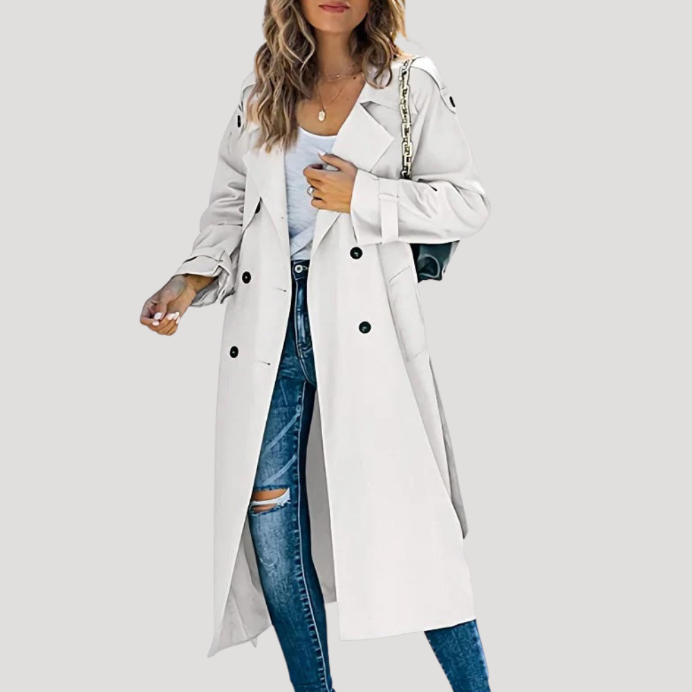 Women's Trench Coat Long Double Breasted Belted Lapel Coat
