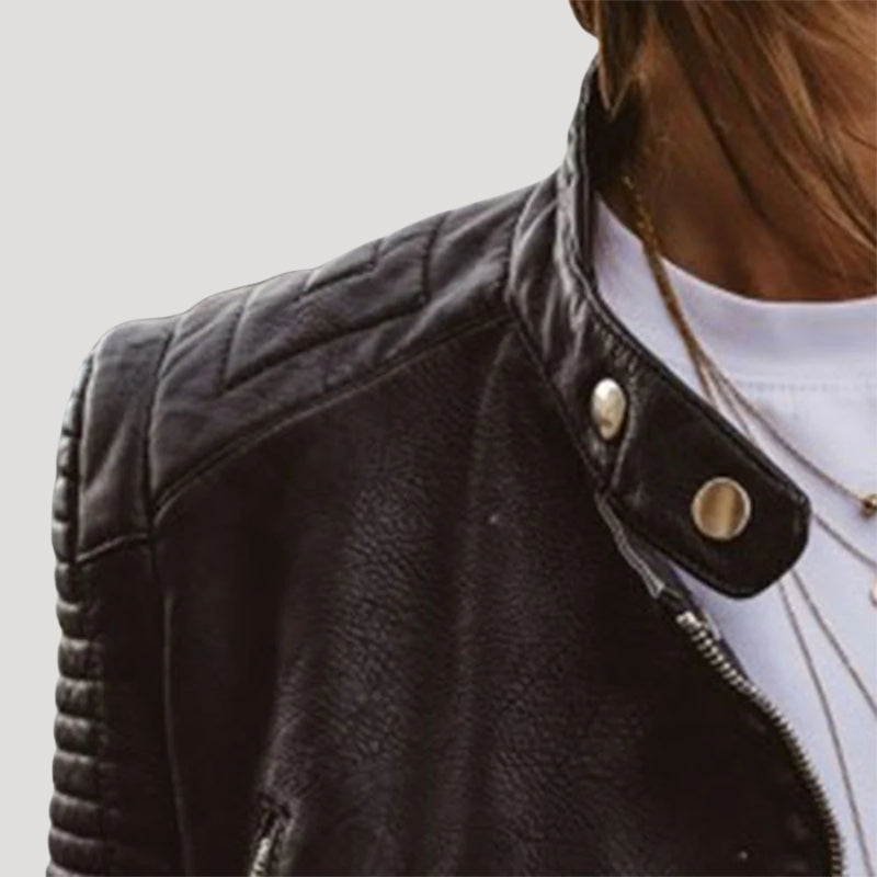 Women’s Black Leather Jacket Cropped Biker Quilted Motorcycle Style
