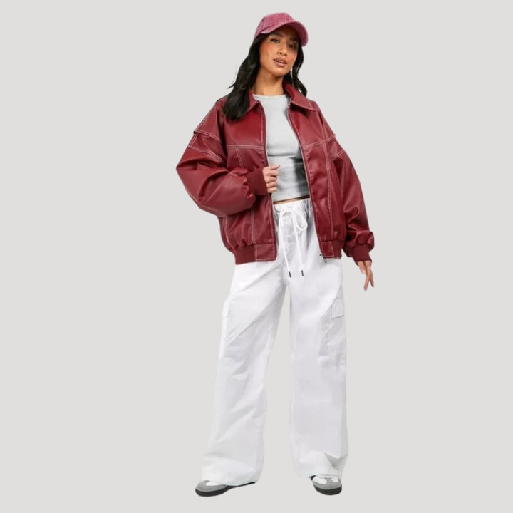Women’s Red Leather Jacket Bomber Cropped Oversized Style