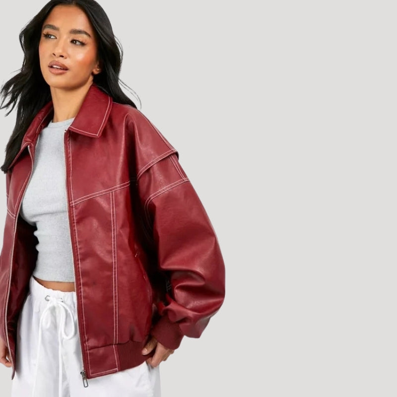 Women’s Red Leather Jacket Bomber Cropped Oversized Style