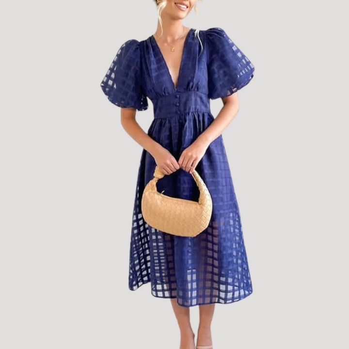 Women's Party Dress Midi Puff Sleeve Plaid V Neck