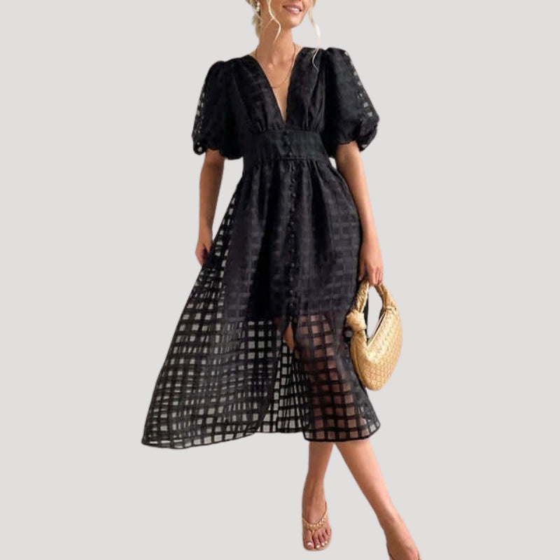 Women's Party Dress Midi Puff Sleeve Plaid V Neck