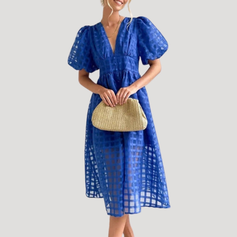 Women's Party Dress Midi Puff Sleeve Plaid V Neck