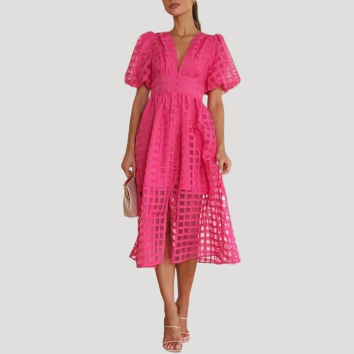 Women's Party Dress Midi Puff Sleeve Plaid V Neck