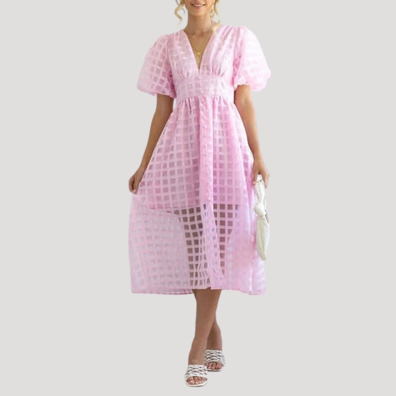 Women's Party Dress Midi Puff Sleeve Plaid V Neck