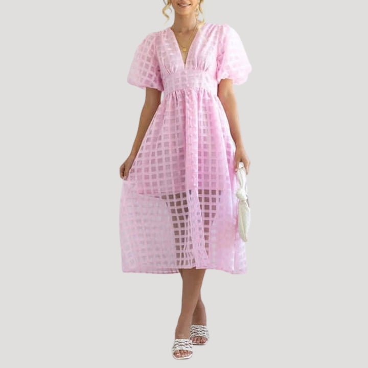 Women's Party Dress Midi Puff Sleeve Plaid V Neck