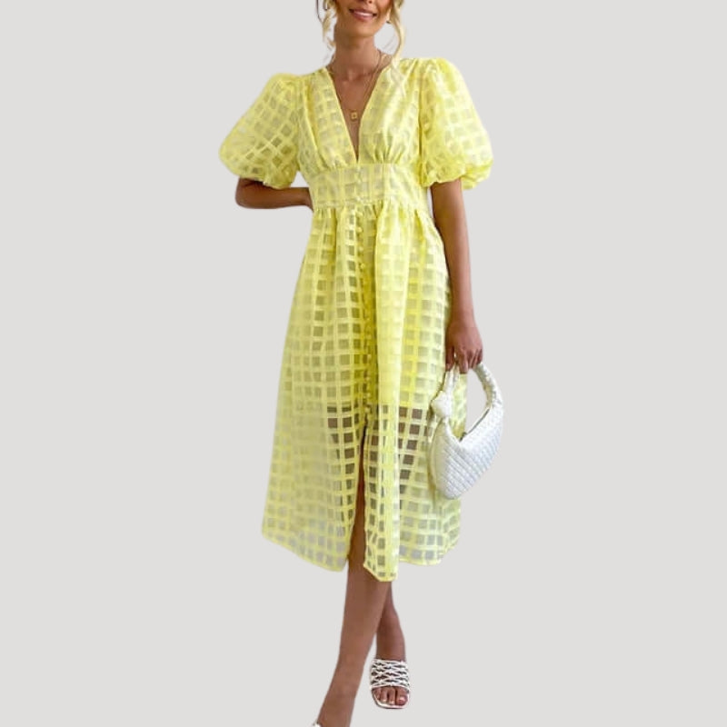 Women's Party Dress Midi Puff Sleeve Plaid V Neck