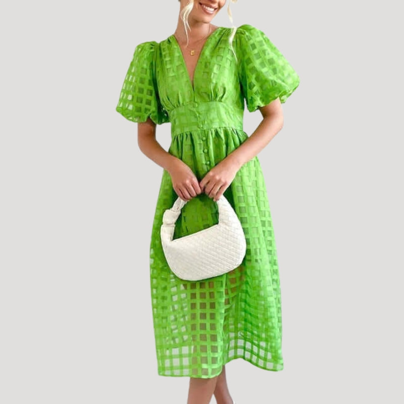 Women's Party Dress Midi Puff Sleeve Plaid V Neck