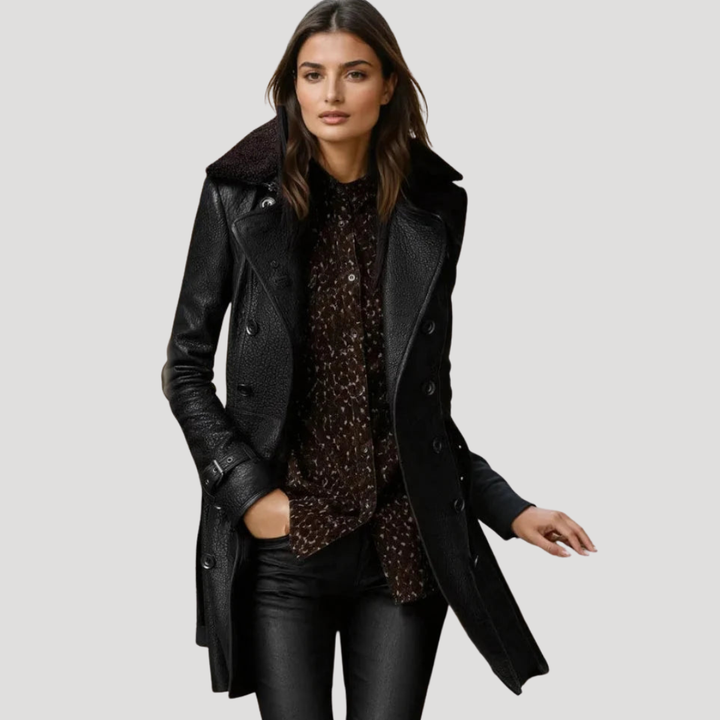 Women’s Black Leather Long Trench Coat Belted