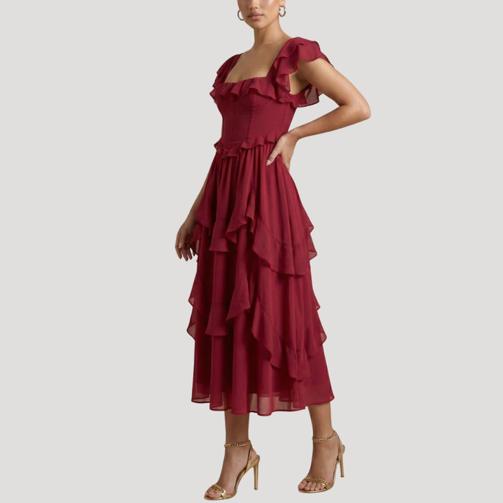 Women's Cocktail Dress Midi Formal Red Off Shoulder Ruffle