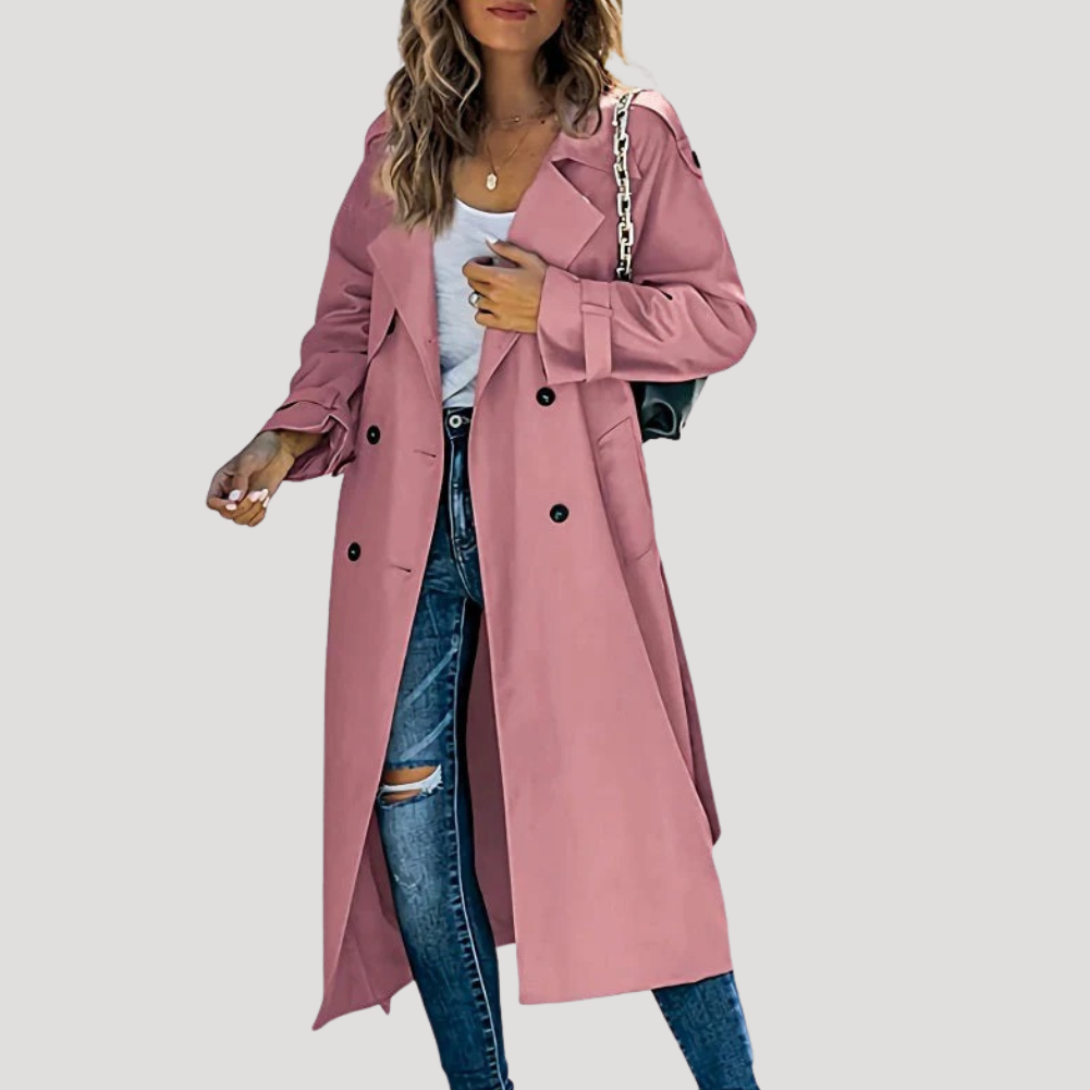Women's Trench Coat Long Double Breasted Belted Lapel Coat