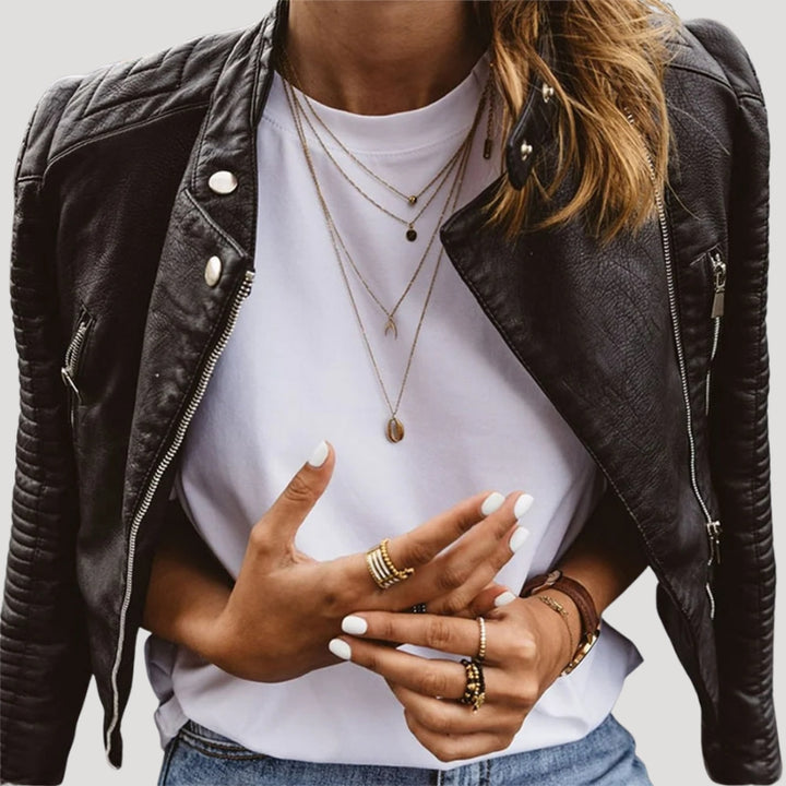 Women’s Black Leather Jacket Cropped Biker Quilted Motorcycle Style
