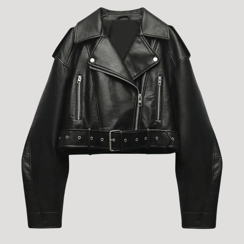 Women's Black Leather Jacket Biker Cropped