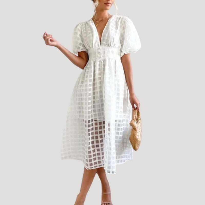 Women's Party Dress Midi Puff Sleeve Plaid V Neck
