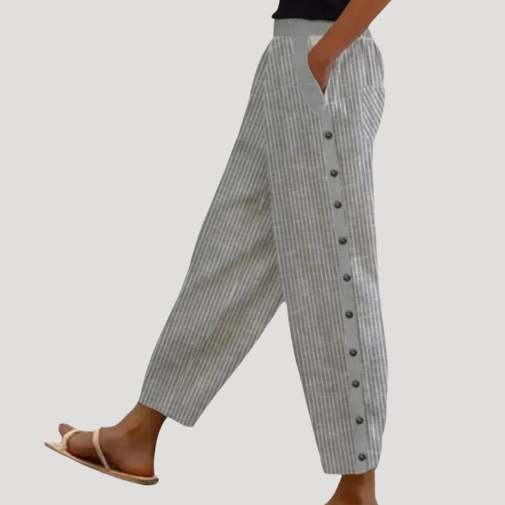 Women's Striped Pants Cropped Casual Elastic Waist Button Pocket
