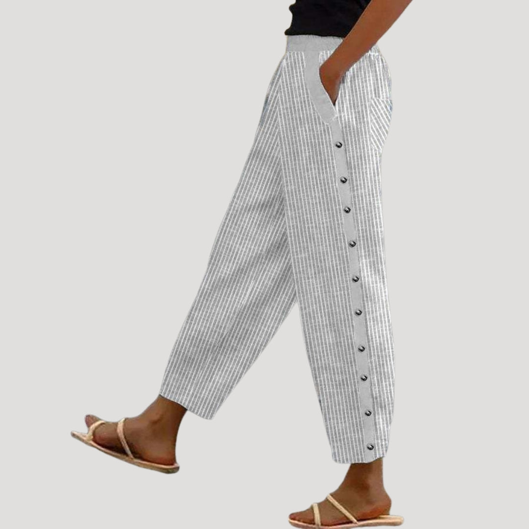 Women's Striped Pants Cropped Casual Elastic Waist Button Pocket