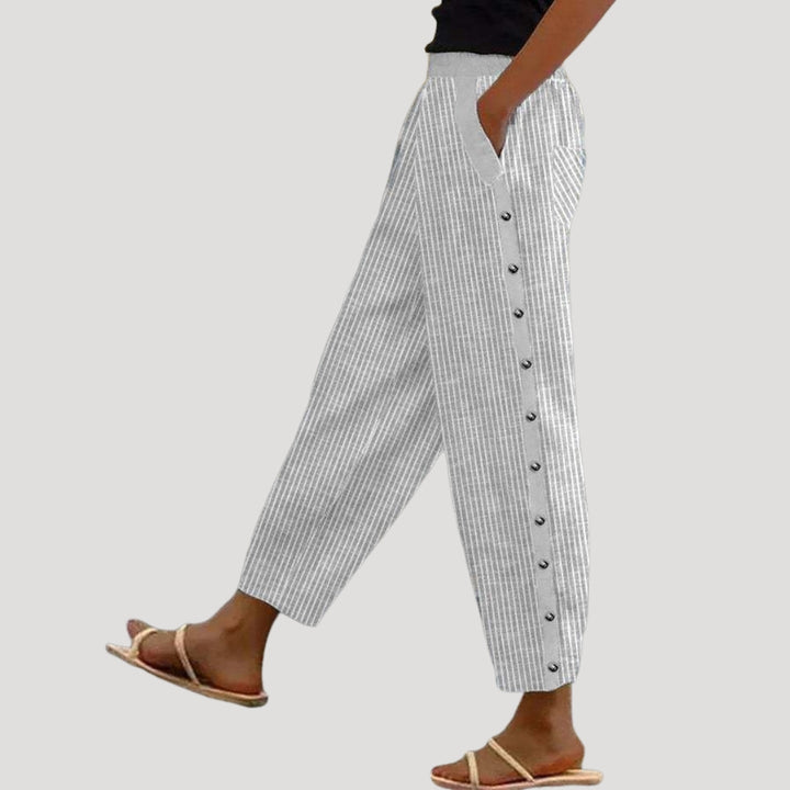 Women's Striped Pants Cropped Casual Elastic Waist Button Pocket