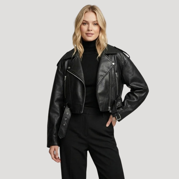 Women's Black Leather Jacket Biker Cropped
