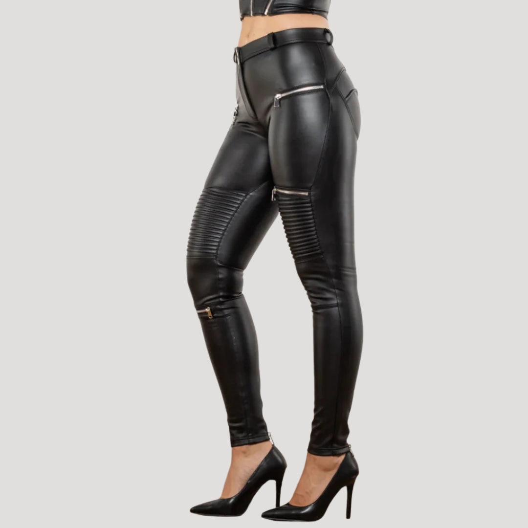 Women's Leather Pants Faux High Waisted Moto Black Leggings
